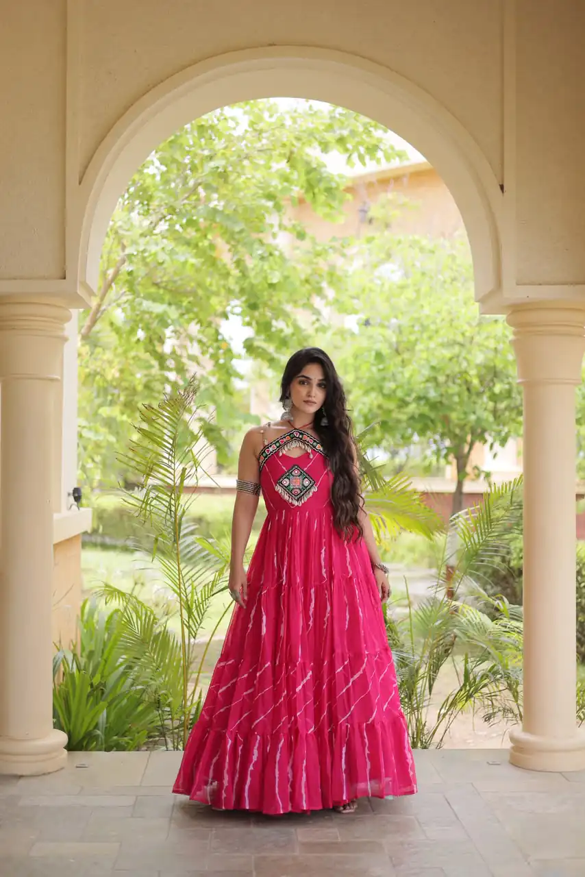 KA 1270 Pink in Colour Faux Georgette Bandhani Print Work Gown. Available at ₹2019 only. Delivery 4-6 Working Days. Shop now. | Gowns, Bollywood Gowns, Creative Gowns, Designer Gowns, Embroidered Gowns, Party Wear Gowns