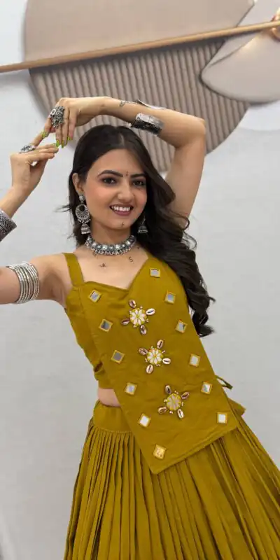 PC 581 Mustered Color Pure Cotton Lehenga Choli with Cowrie Work. Festive Deal ₹2999. Delivery 4-6 Working Days. Online Shop now. | Lehenga, Bollywood Lehenga, Creative Lehenga, Designer Lehenga, Embroidered Lehenga, Party Wear Lehenga