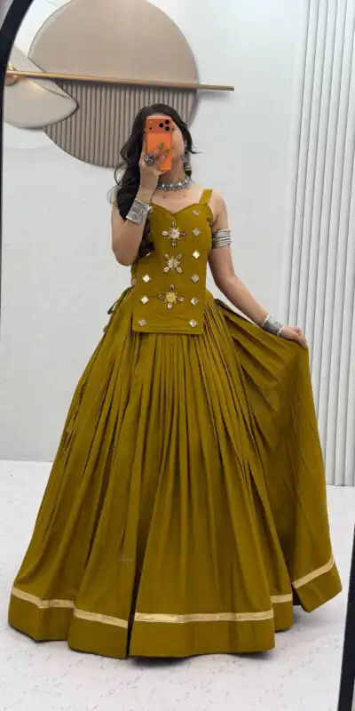 PC 581 Mustered Color Pure Cotton Lehenga Choli with Cowrie Work. Festive Deal ₹2999. Delivery 4-6 Working Days. Online Shop now. | Lehenga, Bollywood Lehenga, Creative Lehenga, Designer Lehenga, Embroidered Lehenga, Party Wear Lehenga
