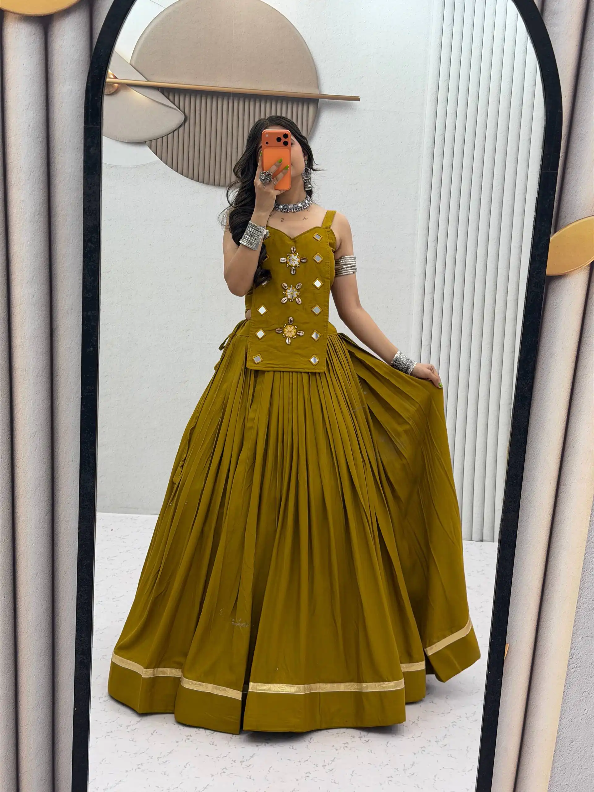PC 581 Mustered Color Pure Cotton Lehenga Choli with Cowrie Work. Festive Deal ₹2999. Delivery 4-6 Working Days. Online Shop now. | Lehenga, Bollywood Lehenga, Creative Lehenga, Designer Lehenga, Embroidered Lehenga, Party Wear Lehenga