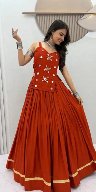 PC 581 Rust Color Pure Cotton Lehenga Choli with Cowrie Work. Festive Deal ₹2999. Delivery 4-6 Working Days. Online Shop now. | Lehenga, Bollywood Lehenga, Creative Lehenga, Designer Lehenga, Embroidered Lehenga, Party Wear Lehenga