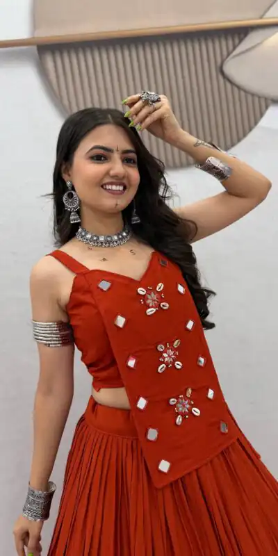 PC 581 Rust Color Pure Cotton Lehenga Choli with Cowrie Work. Festive Deal ₹2999. Delivery 4-6 Working Days. Online Shop now. | Lehenga, Bollywood Lehenga, Creative Lehenga, Designer Lehenga, Embroidered Lehenga, Party Wear Lehenga