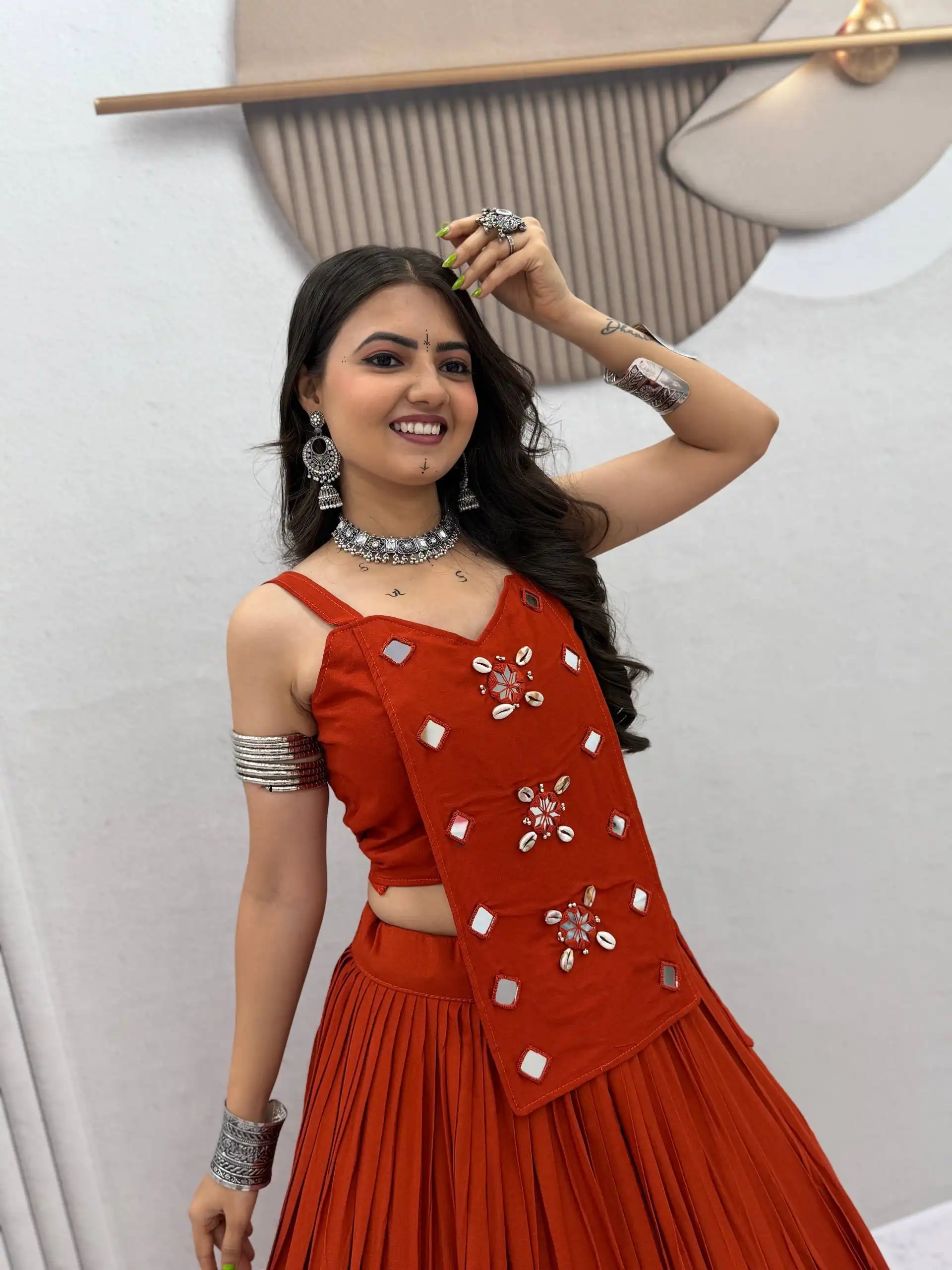 PC 581 Rust Color Pure Cotton Lehenga Choli with Cowrie Work. Festive Deal ₹2999. Delivery 4-6 Working Days. Online Shop now. | Lehenga, Bollywood Lehenga, Creative Lehenga, Designer Lehenga, Embroidered Lehenga, Party Wear Lehenga