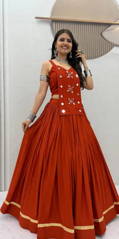 PC 581 Rust Color Pure Cotton Lehenga Choli with Cowrie Work. Festive Deal ₹2999. Delivery 4-6 Working Days. Online Shop now. | Lehenga, Bollywood Lehenga, Creative Lehenga, Designer Lehenga, Embroidered Lehenga, Party Wear Lehenga