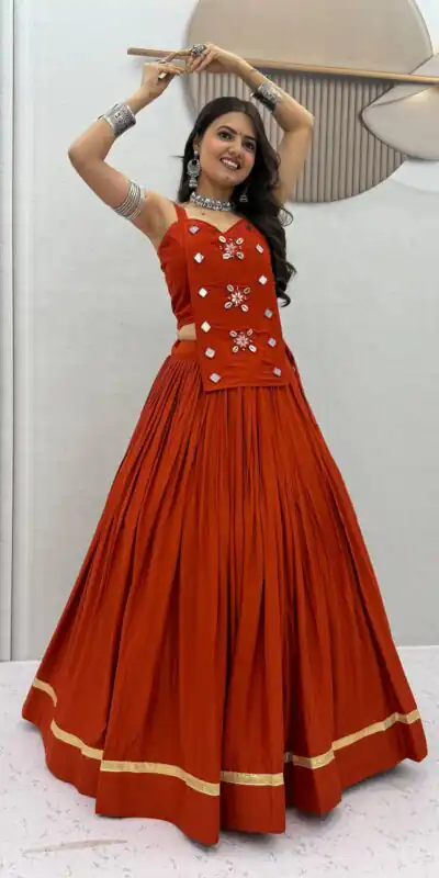 PC 581 Rust Color Pure Cotton Lehenga Choli with Cowrie Work. Festive Deal ₹2999. Delivery 4-6 Working Days. Online Shop now. | Lehenga, Bollywood Lehenga, Creative Lehenga, Designer Lehenga, Embroidered Lehenga, Party Wear Lehenga
