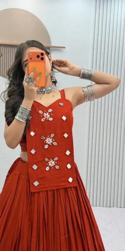 PC 581 Rust Color Pure Cotton Lehenga Choli with Cowrie Work. Festive Deal ₹2999. Delivery 4-6 Working Days. Online Shop now. | Lehenga, Bollywood Lehenga, Creative Lehenga, Designer Lehenga, Embroidered Lehenga, Party Wear Lehenga