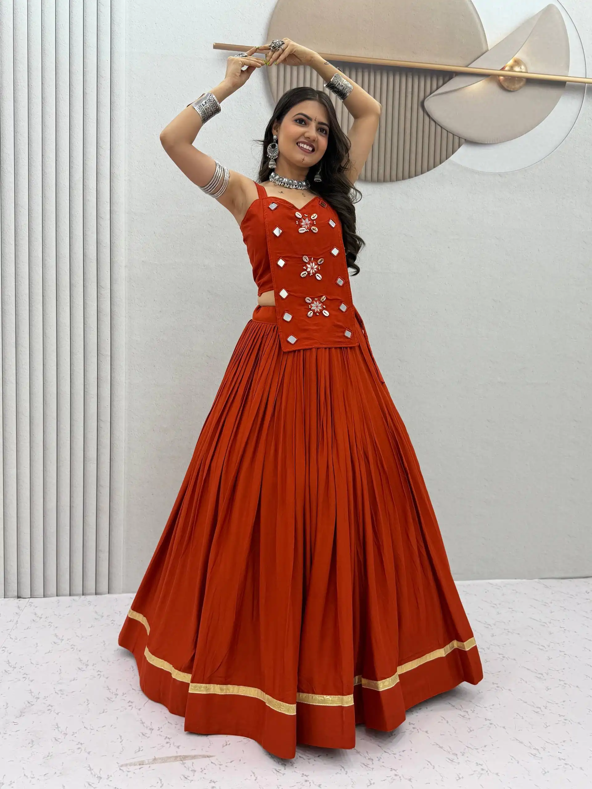 PC 581 Rust Color Pure Cotton Lehenga Choli with Cowrie Work. Festive Deal ₹2999. Delivery 4-6 Working Days. Online Shop now. | Lehenga, Bollywood Lehenga, Creative Lehenga, Designer Lehenga, Embroidered Lehenga, Party Wear Lehenga