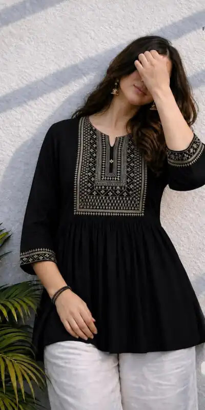 Adaa 2.0 Black Colour Rayon Cotton Kurti with Embroidery Work. Introductory Price ₹1549. Delivery 4-6 Working Days. Shop now. | Kurti, Bollywood Kurti, Creative Kurtis, Designer Kurti, Party Wear Kurti, Selfie Kurti