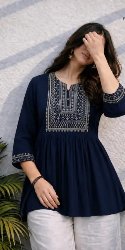 Adaa 2.0 Blue Colour Rayon Cotton Kurti with Embroidery Work. Introductory Price ₹1549. Delivery 4-6 Working Days. Shop now. | Kurti, Bollywood Kurti, Creative Kurtis, Designer Kurti, Party Wear Kurti, Selfie Kurti