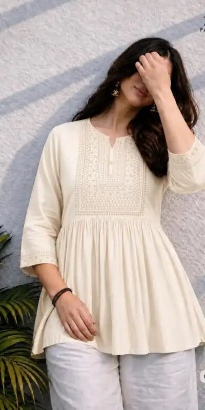 Adaa 2.0 Cream Colour Rayon Cotton Kurti with Embroidery Work. Introductory Price ₹1549. Delivery 4-6 Working Days. Shop now. | Kurti, Bollywood Kurti, Creative Kurtis, Designer Kurti, Party Wear Kurti, Selfie Kurti