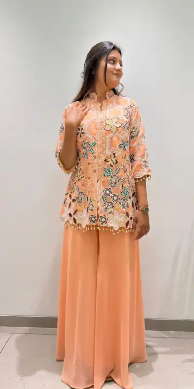 BE 492 Peach in Fox Georgette. Sequins Work & Embroidery Work Salwar Suit Special Price ₹2299. Delivery 4-6 Working Days. Shop now. | Jump Suits, Salwar suit, Designer Suits, Casual Suits, Creative suits, Palazzo Suits, Party Wear Suits, Patiala Suits, Straight Suits