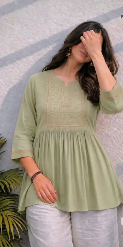 Adaa 2.0 Pista Colour Rayon Cotton Kurti with Embroidery Work. Introductory Price ₹1549. Delivery 4-6 Working Days. Shop now. | Kurti, Bollywood Kurti, Creative Kurtis, Designer Kurti, Party Wear Kurti, Selfie Kurti