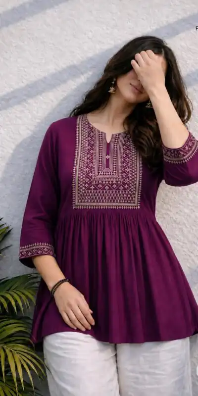 Adaa 2.0 Wine Colour Rayon Cotton Kurti with Embroidery Work. Introductory Price ₹1549. Delivery 4-6 Working Days. Shop now. | Kurti, Bollywood Kurti, Creative Kurtis, Designer Kurti, Party Wear Kurti, Selfie Kurti