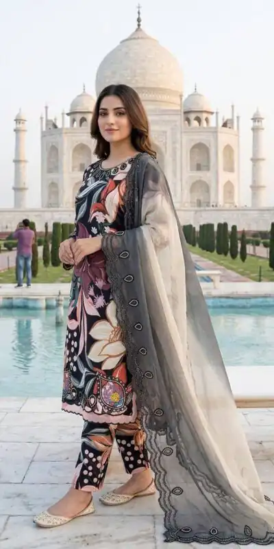 LG 2094 Black Perfect for Wedding, Party, Ganesh Chaturthi, Cultural Events, Durga Puja – Printed Muslin Salwar Suit. Now at just ₹2299. Delivery 4-6 Worki | Jump Suits, Salwar suit, Designer Suits, Casual Suits, Creative suits, Palazzo Suits, Party Wear Suits, Patiala Suits, Straight Suits