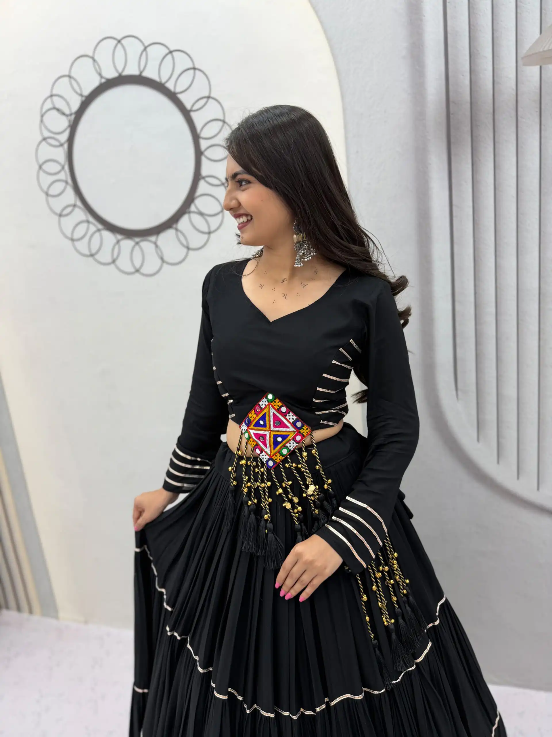 PC 597 Black in Pure Cotton Mirror Work & Gamthi Work Lehenga Choli . Exclusive Offer ₹2899. Delivery 4-6 Working Days. Shop now. | Lehenga, Bollywood Lehenga, Creative Lehenga, Designer Lehenga, Embroidered Lehenga, Party Wear Lehenga