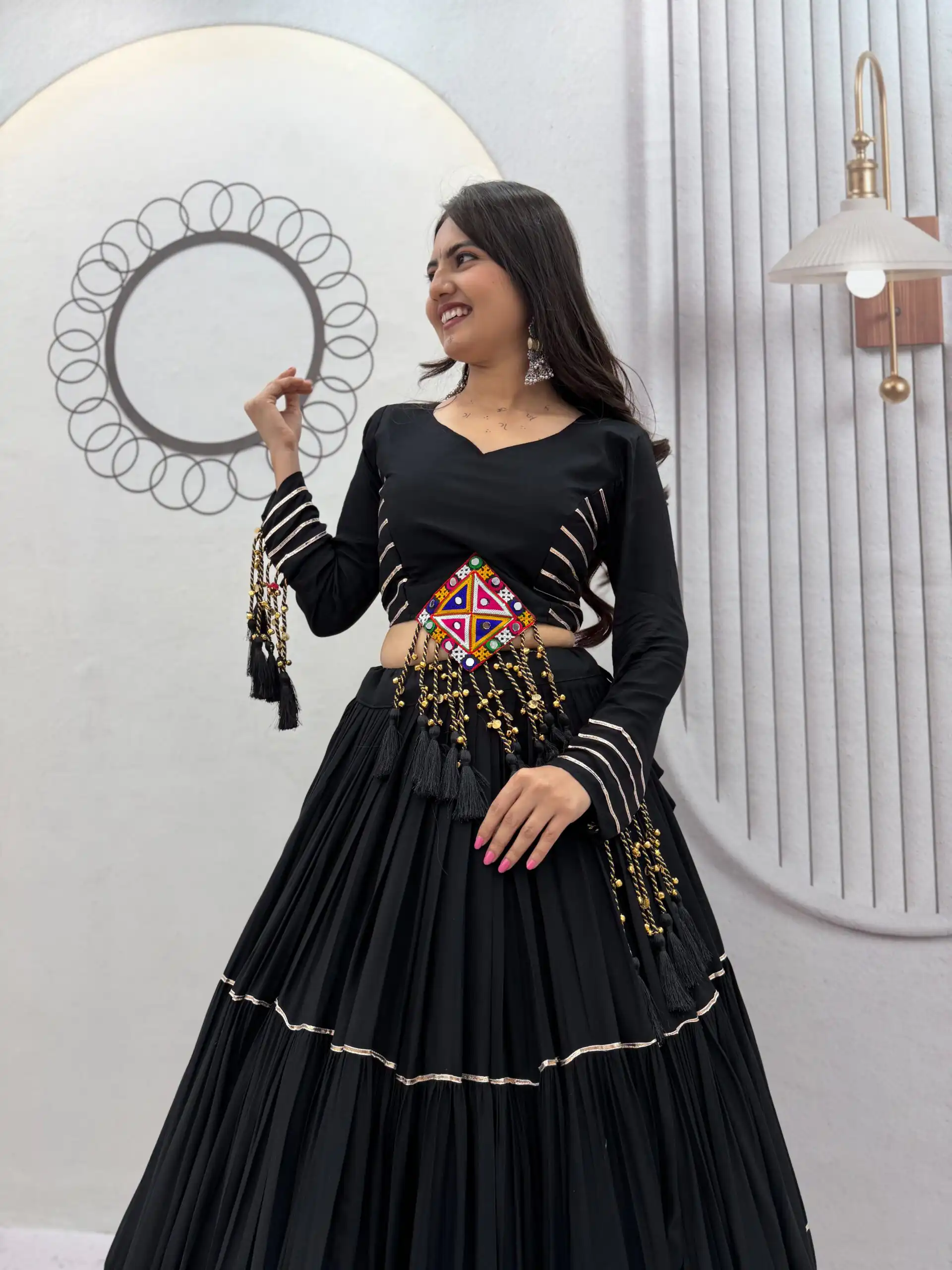 PC 597 Black in Pure Cotton Mirror Work & Gamthi Work Lehenga Choli . Exclusive Offer ₹2899. Delivery 4-6 Working Days. Shop now. | Lehenga, Bollywood Lehenga, Creative Lehenga, Designer Lehenga, Embroidered Lehenga, Party Wear Lehenga