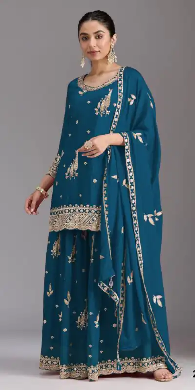 FC 2120 Blue Color chinon Print Silk with Dall Crepe Sharara Suit Wedding, Party, Festive, Events Etc.  Expected Delivery 4-6 Working Days @2399/- | Jump Suits, Salwar suit, Designer Suits, Casual Suits, Creative suits, Palazzo Suits, Party Wear Suits, Patiala Suits, Straight Suits