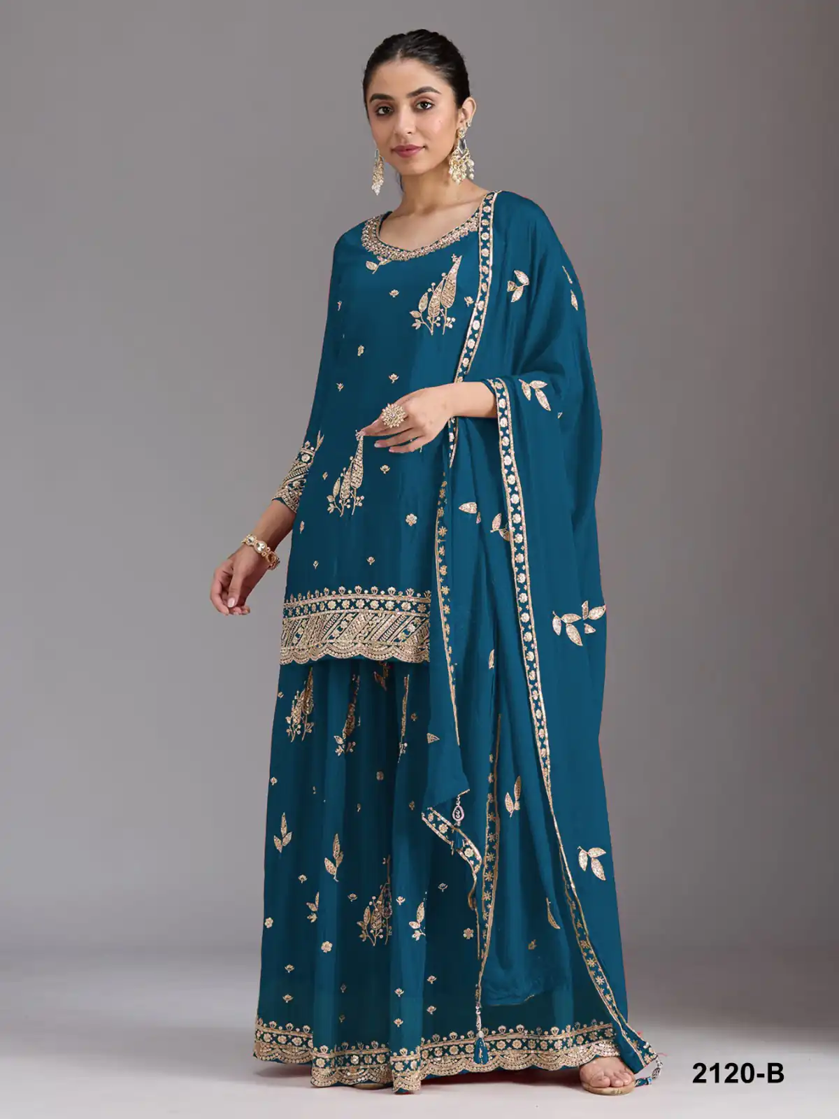 FC 2120 Blue Color chinon Print Silk with Dall Crepe Sharara Suit Wedding, Party, Festive, Events Etc.  Expected Delivery 4-6 Working Days @2399/- | Jump Suits, Salwar suit, Designer Suits, Casual Suits, Creative suits, Palazzo Suits, Party Wear Suits, Patiala Suits, Straight Suits