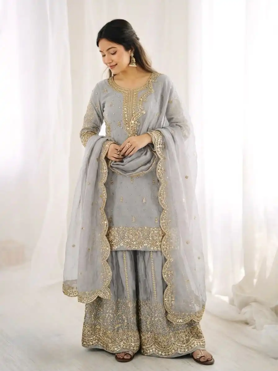 ZSR 3167 Grey Fendy Silk Salwar Suitwith Embroidery Work & Lace Work. Now at just ₹2149. Delivery 4-6 Working Days. Shop now. | Jump Suits, Salwar suit, Designer Suits, Casual Suits, Creative suits, Palazzo Suits, Party Wear Suits, Patiala Suits, Straight Suits