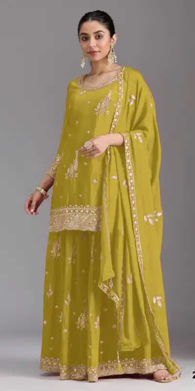 FC 2120 Mustered Color chinon Print Silk with Dall Crepe Sharara Suit Wedding, Party, Festive, Events Etc.  Expected Delivery 4-6 Working Days @2399/- | Jump Suits, Salwar suit, Designer Suits, Casual Suits, Creative suits, Palazzo Suits, Party Wear Suits, Patiala Suits, Straight Suits