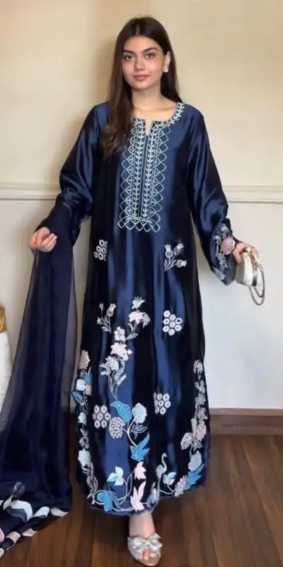 RTC 6053 Navy Blue Jura Silk Salwar Suit with Embroidery Work & Thread Embroidery. Grab it for ₹2399. Delivery 4-6 Working Days. Shop now. | Jump Suits, Salwar suit, Designer Suits, Casual Suits, Creative suits, Palazzo Suits, Party Wear Suits, Patiala Suits, Straight Suits
