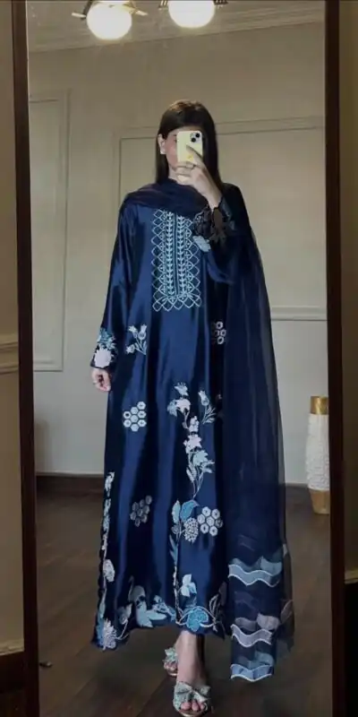 RTC 6053 Navy Blue Jura Silk Salwar Suit with Embroidery Work & Thread Embroidery. Grab it for ₹2399. Delivery 4-6 Working Days. Shop now. | Jump Suits, Salwar suit, Designer Suits, Casual Suits, Creative suits, Palazzo Suits, Party Wear Suits, Patiala Suits, Straight Suits