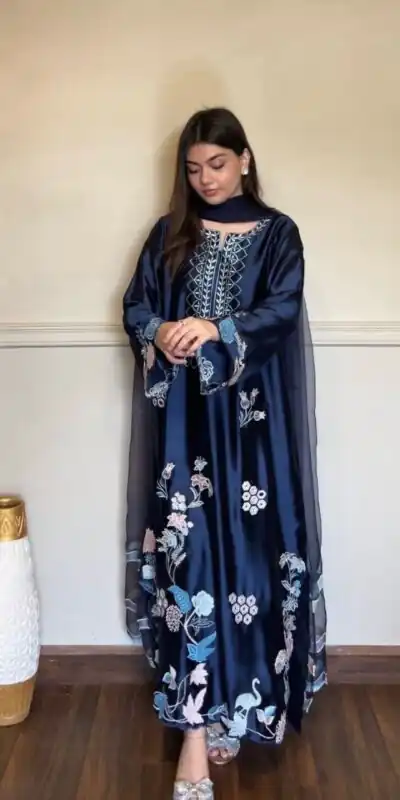 RTC 6053 Navy Blue Jura Silk Salwar Suit with Embroidery Work & Thread Embroidery. Grab it for ₹2399. Delivery 4-6 Working Days. Shop now. | Jump Suits, Salwar suit, Designer Suits, Casual Suits, Creative suits, Palazzo Suits, Party Wear Suits, Patiala Suits, Straight Suits