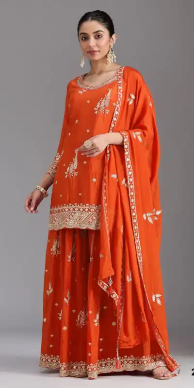 FC 2120 Orange Color chinon Print Silk with Dall Crepe Sharara Suit Wedding, Party, Festive, Events Etc.  Expected Delivery 4-6 Working Days @2399/- | Jump Suits, Salwar suit, Designer Suits, Casual Suits, Creative suits, Palazzo Suits, Party Wear Suits, Patiala Suits, Straight Suits