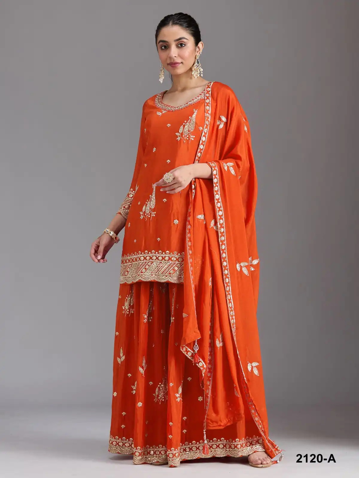 FC 2120 Orange Color chinon Print Silk with Dall Crepe Sharara Suit Wedding, Party, Festive, Events Etc.  Expected Delivery 4-6 Working Days @2399/- | Jump Suits, Salwar suit, Designer Suits, Casual Suits, Creative suits, Palazzo Suits, Party Wear Suits, Patiala Suits, Straight Suits