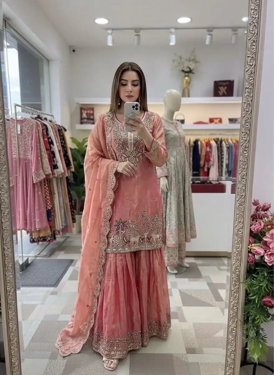 WW 1280 Peach Fendy Silk Salwar Suitwith Embroidery Work & Lace Work. Now at just ₹2449. Delivery 4-6 Working Days. Shop now. | Jump Suits, Salwar suit, Designer Suits, Casual Suits, Creative suits, Palazzo Suits, Party Wear Suits, Patiala Suits, Straight Suits