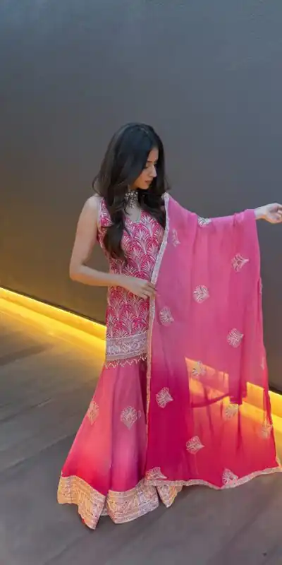 ST 1190 Pink Printed Faux Georgette Salwar Suit with Embroidery Work & Lace Work. Affordable Price ₹2349. Delivery 4-6 Working Days. Shop now. | Jump Suits, Salwar suit, Designer Suits, Casual Suits, Creative suits, Palazzo Suits, Party Wear Suits, Patiala Suits, Straight Suits