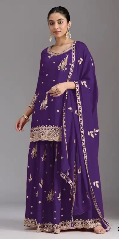 FC 2120 Purple Color chinon Print Silk with Dall Crepe Sharara Suit Wedding, Party, Festive, Events Etc.  Expected Delivery 4-6 Working Days @2399/- | Jump Suits, Salwar suit, Designer Suits, Casual Suits, Creative suits, Palazzo Suits, Party Wear Suits, Patiala Suits, Straight Suits
