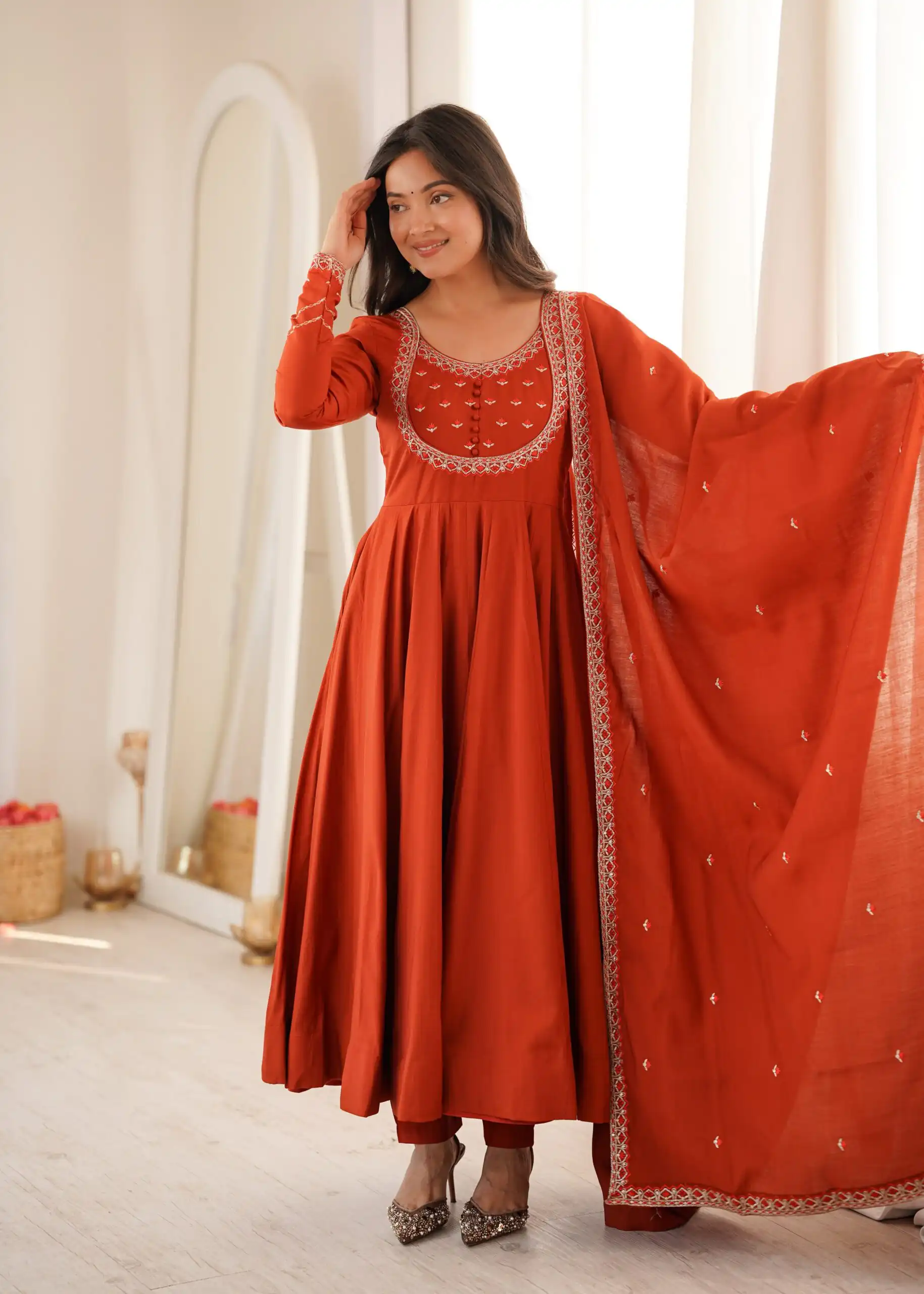KB 312 Rust Roman Silk Chanderi Anarkali Suit with Thread Embroidery & Embroidery Work. Special Price ₹2299. Delivery 4-6 Working Days. Shop now. | Anarkali Suits, Bollywood Anarkali, Creative-Anarkali, Designer Anarkali, Embroidered Anarkali, Party Wear Anarkali