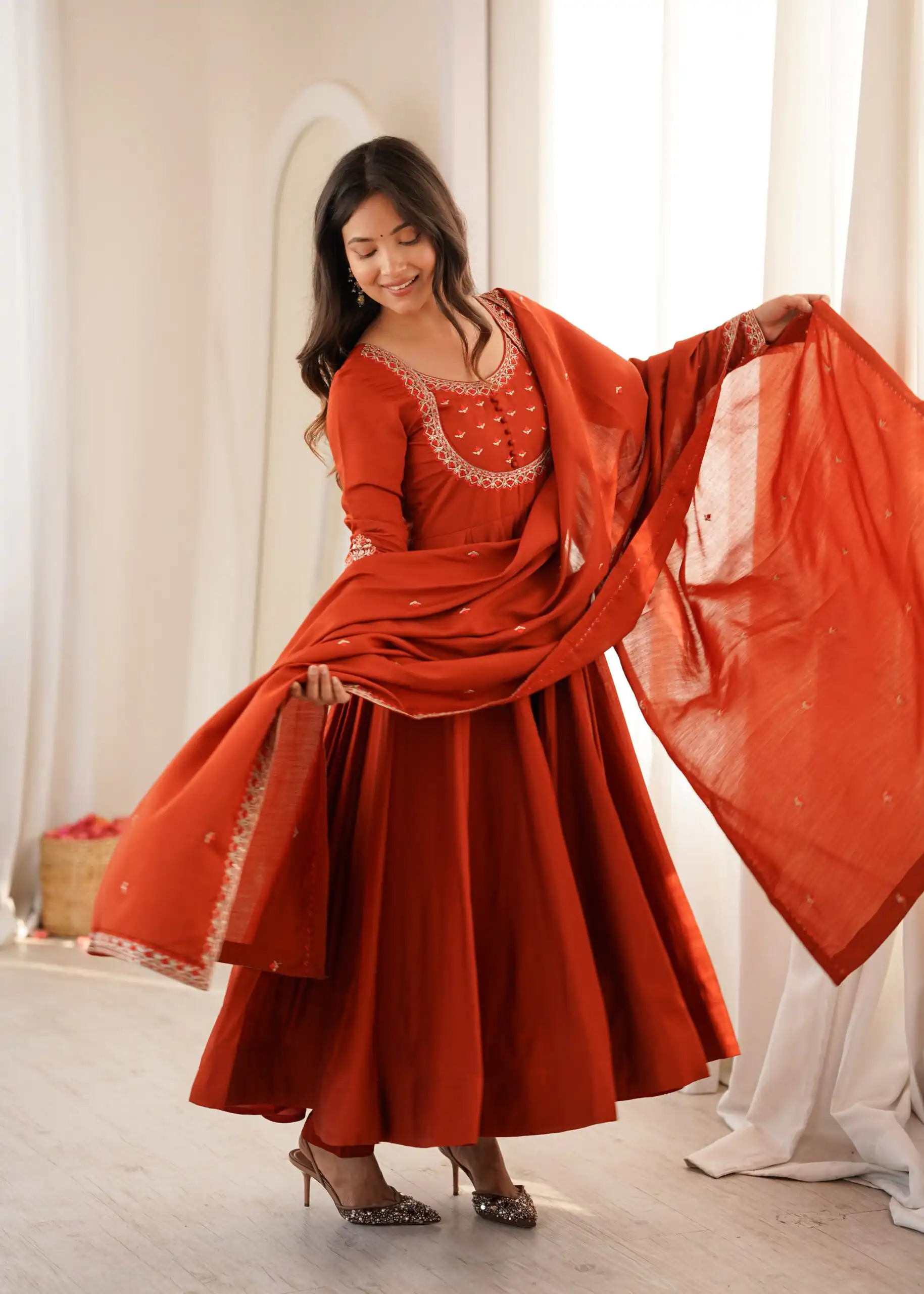 KB 312 Rust Roman Silk Chanderi Anarkali Suit with Thread Embroidery & Embroidery Work. Special Price ₹2299. Delivery 4-6 Working Days. Shop now. | Anarkali Suits, Bollywood Anarkali, Creative-Anarkali, Designer Anarkali, Embroidered Anarkali, Party Wear Anarkali