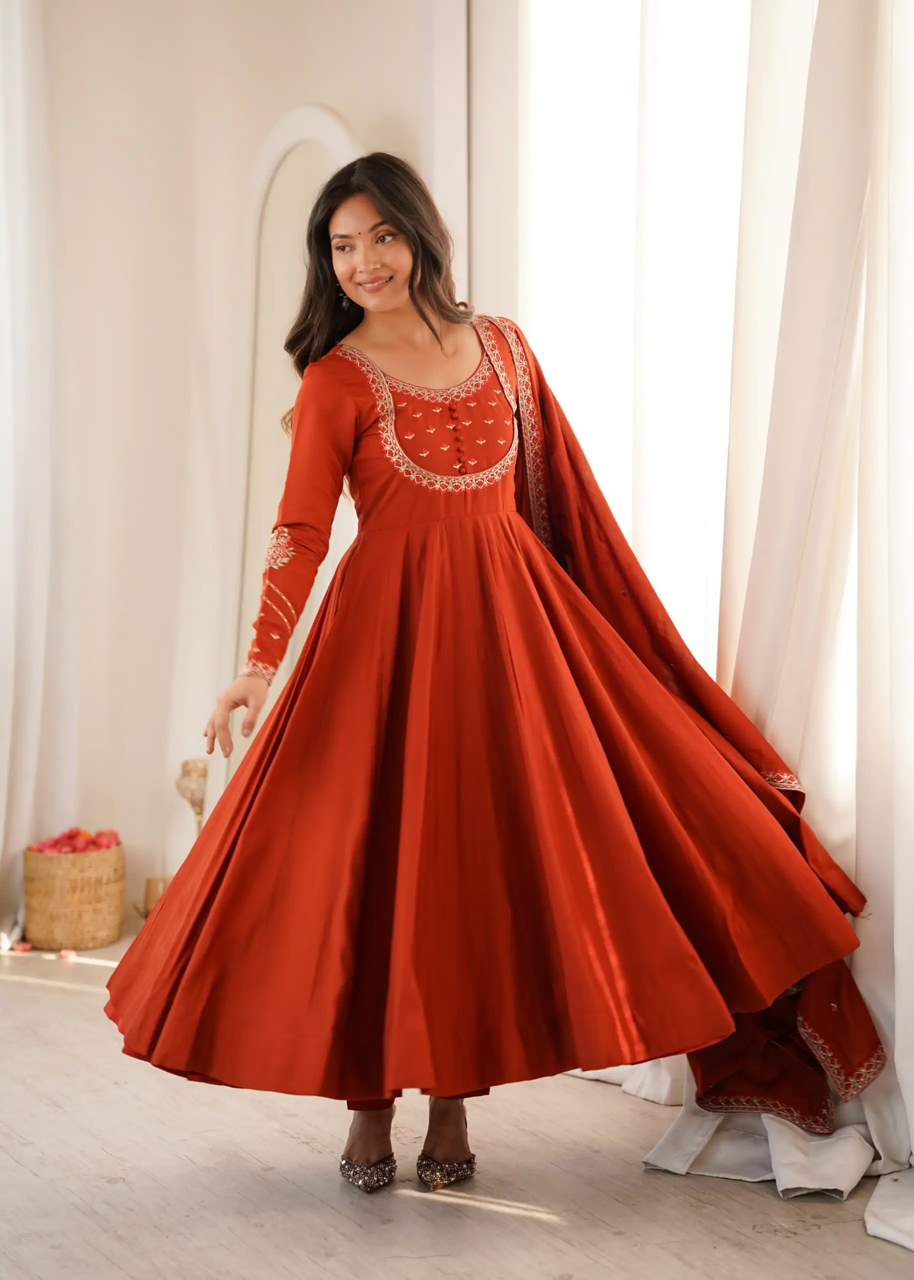 KB 312 Rust Roman Silk Chanderi Anarkali Suit with Thread Embroidery & Embroidery Work. Special Price ₹2299. Delivery 4-6 Working Days. Shop now. | Anarkali Suits, Bollywood Anarkali, Creative-Anarkali, Designer Anarkali, Embroidered Anarkali, Party Wear Anarkali