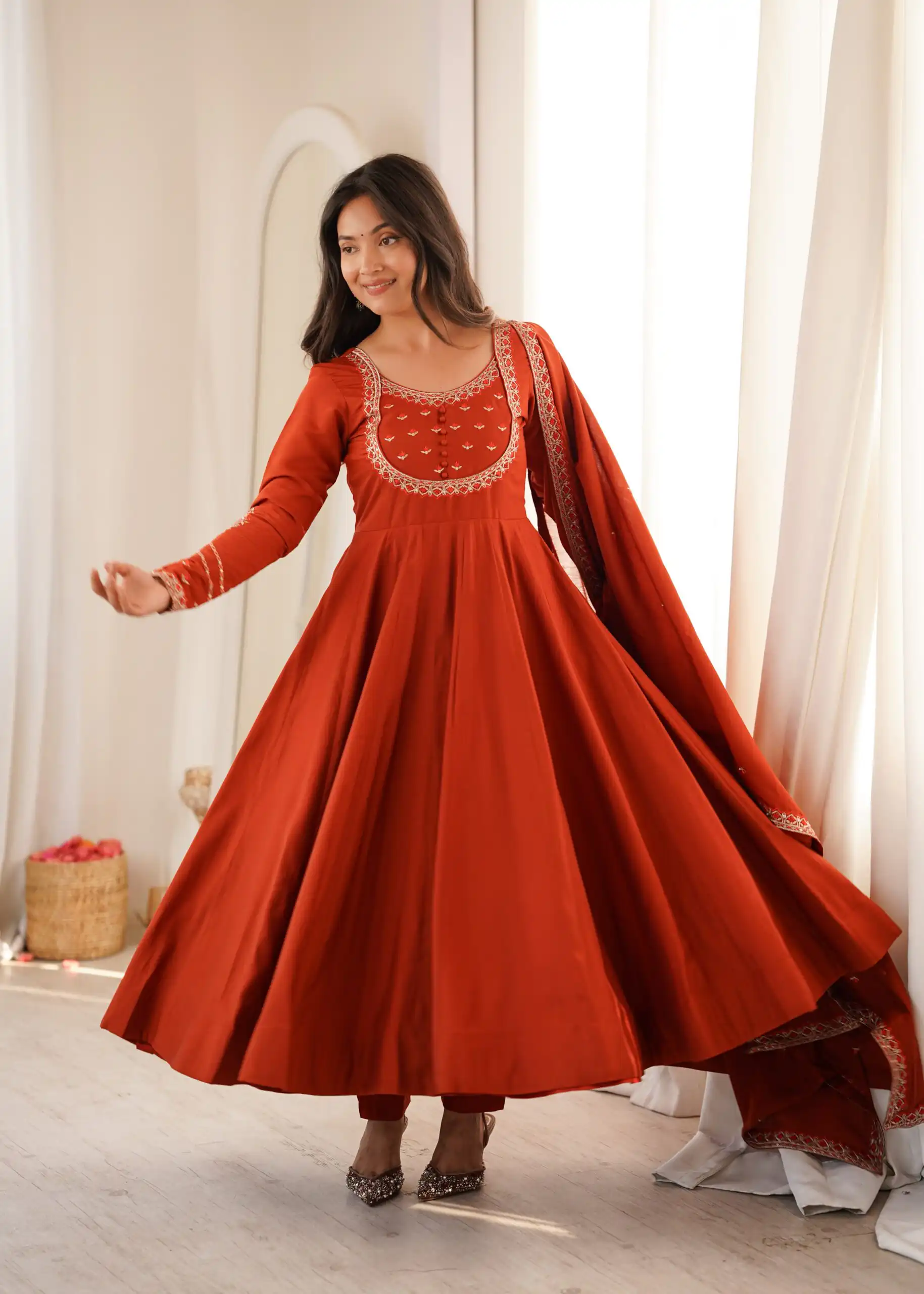 KB 312 Rust Roman Silk Chanderi Anarkali Suit with Thread Embroidery & Embroidery Work. Special Price ₹2299. Delivery 4-6 Working Days. Shop now. | Anarkali Suits, Bollywood Anarkali, Creative-Anarkali, Designer Anarkali, Embroidered Anarkali, Party Wear Anarkali