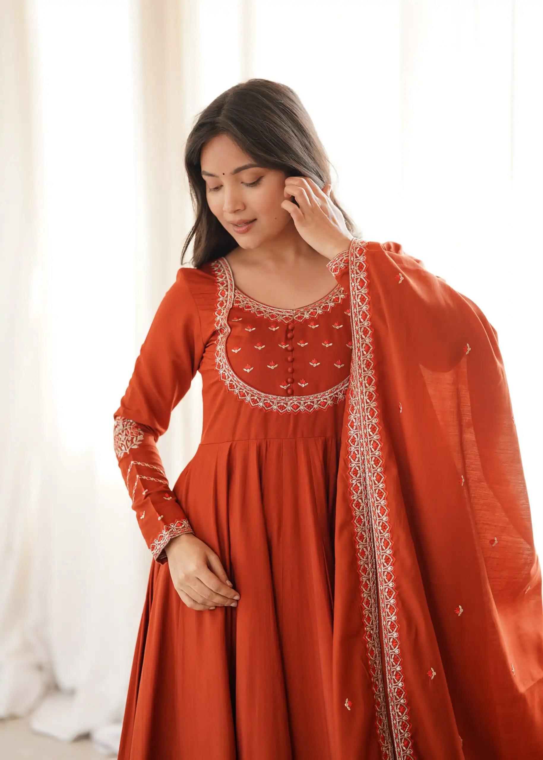 KB 312 Rust Roman Silk Chanderi Anarkali Suit with Thread Embroidery & Embroidery Work. Special Price ₹2299. Delivery 4-6 Working Days. Shop now. | Anarkali Suits, Bollywood Anarkali, Creative-Anarkali, Designer Anarkali, Embroidered Anarkali, Party Wear Anarkali