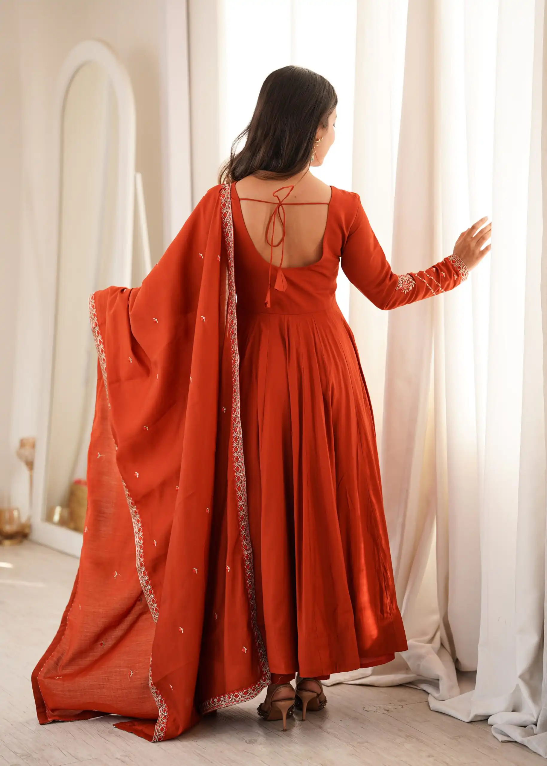 KB 312 Rust Roman Silk Chanderi Anarkali Suit with Thread Embroidery & Embroidery Work. Special Price ₹2299. Delivery 4-6 Working Days. Shop now. | Anarkali Suits, Bollywood Anarkali, Creative-Anarkali, Designer Anarkali, Embroidered Anarkali, Party Wear Anarkali
