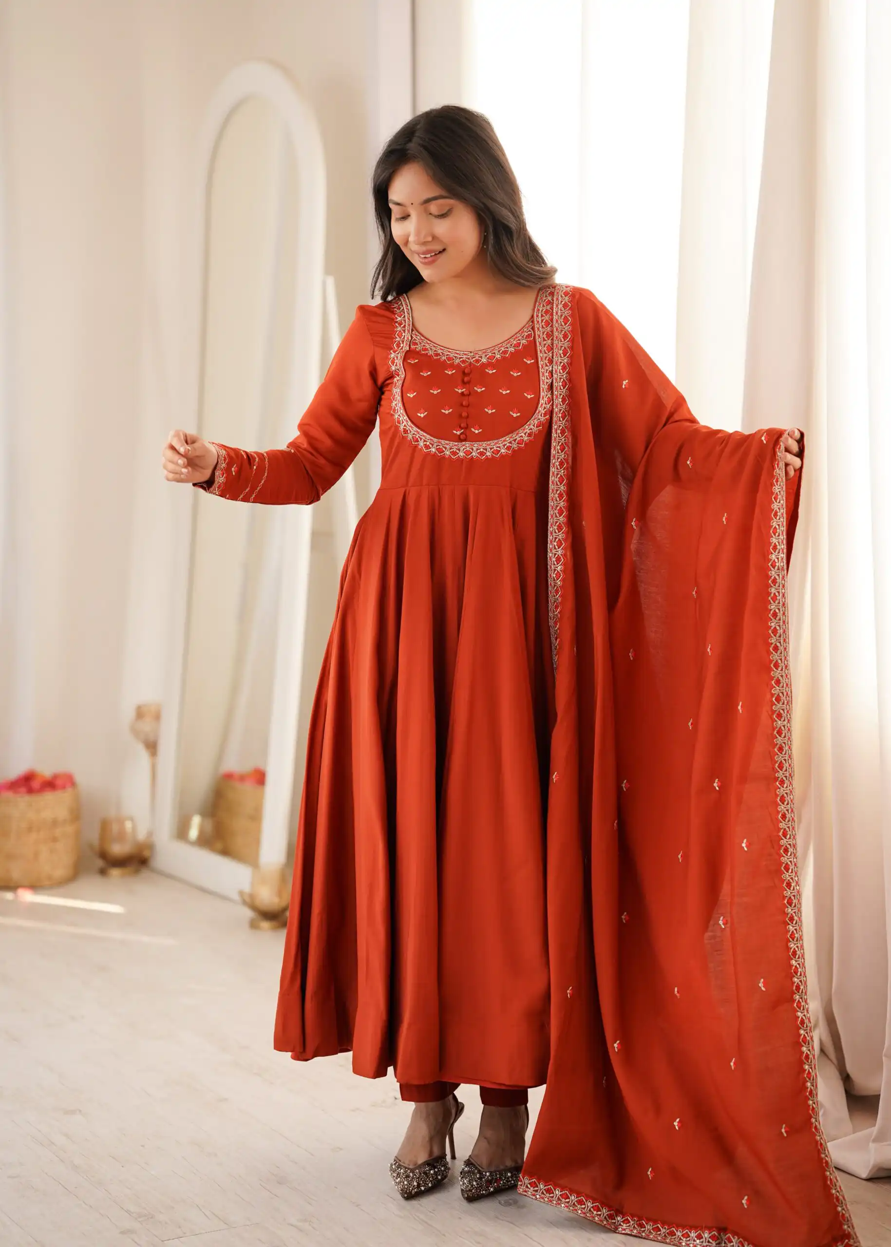 KB 312 Rust Roman Silk Chanderi Anarkali Suit with Thread Embroidery & Embroidery Work. Special Price ₹2299. Delivery 4-6 Working Days. Shop now. | Anarkali Suits, Bollywood Anarkali, Creative-Anarkali, Designer Anarkali, Embroidered Anarkali, Party Wear Anarkali