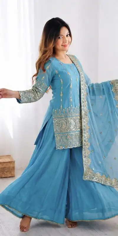 ZF 430 Sky Blue Vichitra Silk Salwar Suit with Embroidery Work. Wedding, Party, Festive, Events, Grab it for ₹2399. Delivery 4-6 Working Days. Shop now. | Jump Suits, Salwar suit, Designer Suits, Casual Suits, Creative suits, Palazzo Suits, Party Wear Suits, Patiala Suits, Straight Suits