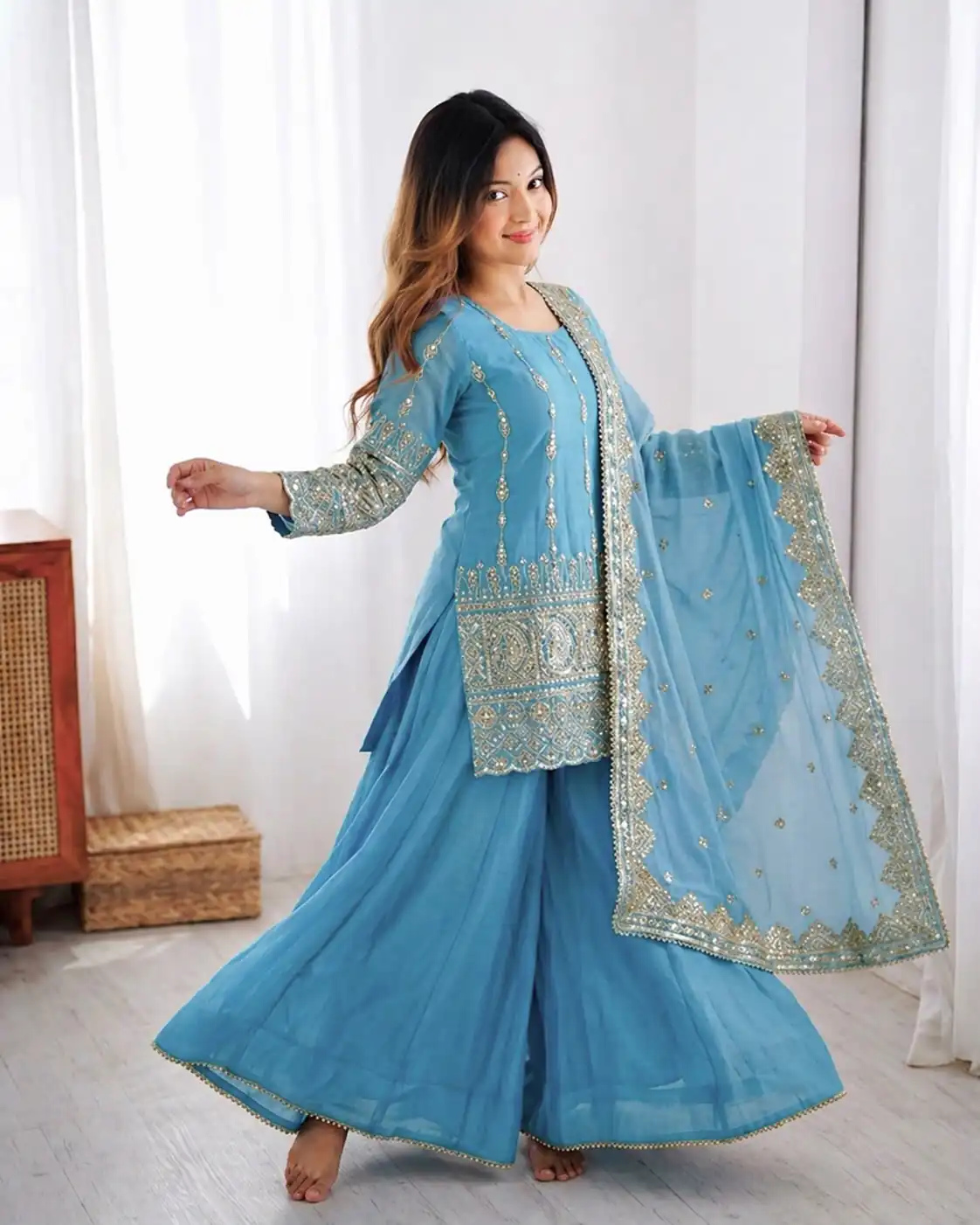 ZF 430 Sky Blue Vichitra Silk Salwar Suit with Embroidery Work. Wedding, Party, Festive, Events, Grab it for ₹2399. Delivery 4-6 Working Days. Shop now. | Jump Suits, Salwar suit, Designer Suits, Casual Suits, Creative suits, Palazzo Suits, Party Wear Suits, Patiala Suits, Straight Suits