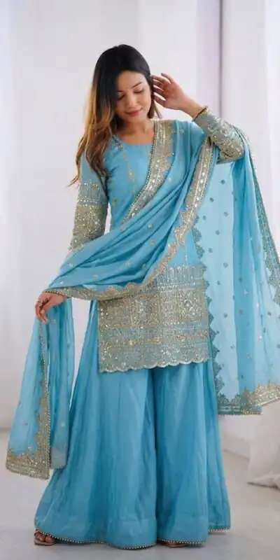 ZF 430 Sky Blue Vichitra Silk Salwar Suit with Embroidery Work. Wedding, Party, Festive, Events, Grab it for ₹2399. Delivery 4-6 Working Days. Shop now. | Jump Suits, Salwar suit, Designer Suits, Casual Suits, Creative suits, Palazzo Suits, Party Wear Suits, Patiala Suits, Straight Suits