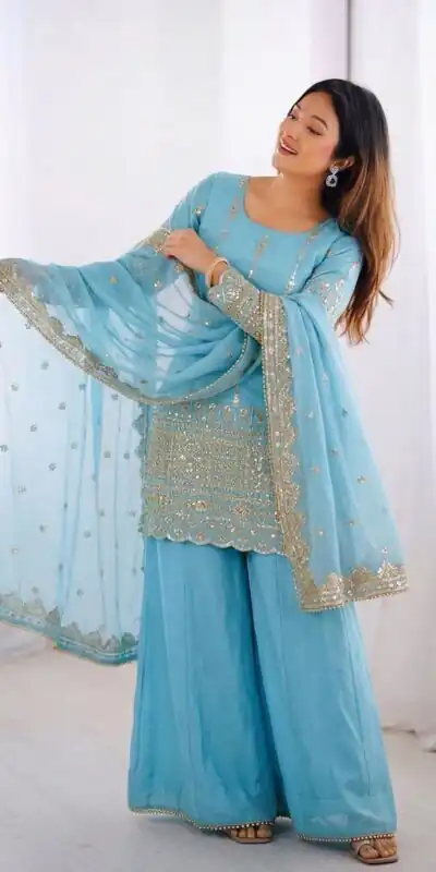 ZF 430 Sky Blue Vichitra Silk Salwar Suit with Embroidery Work. Wedding, Party, Festive, Events, Grab it for ₹2399. Delivery 4-6 Working Days. Shop now. | Jump Suits, Salwar suit, Designer Suits, Casual Suits, Creative suits, Palazzo Suits, Party Wear Suits, Patiala Suits, Straight Suits