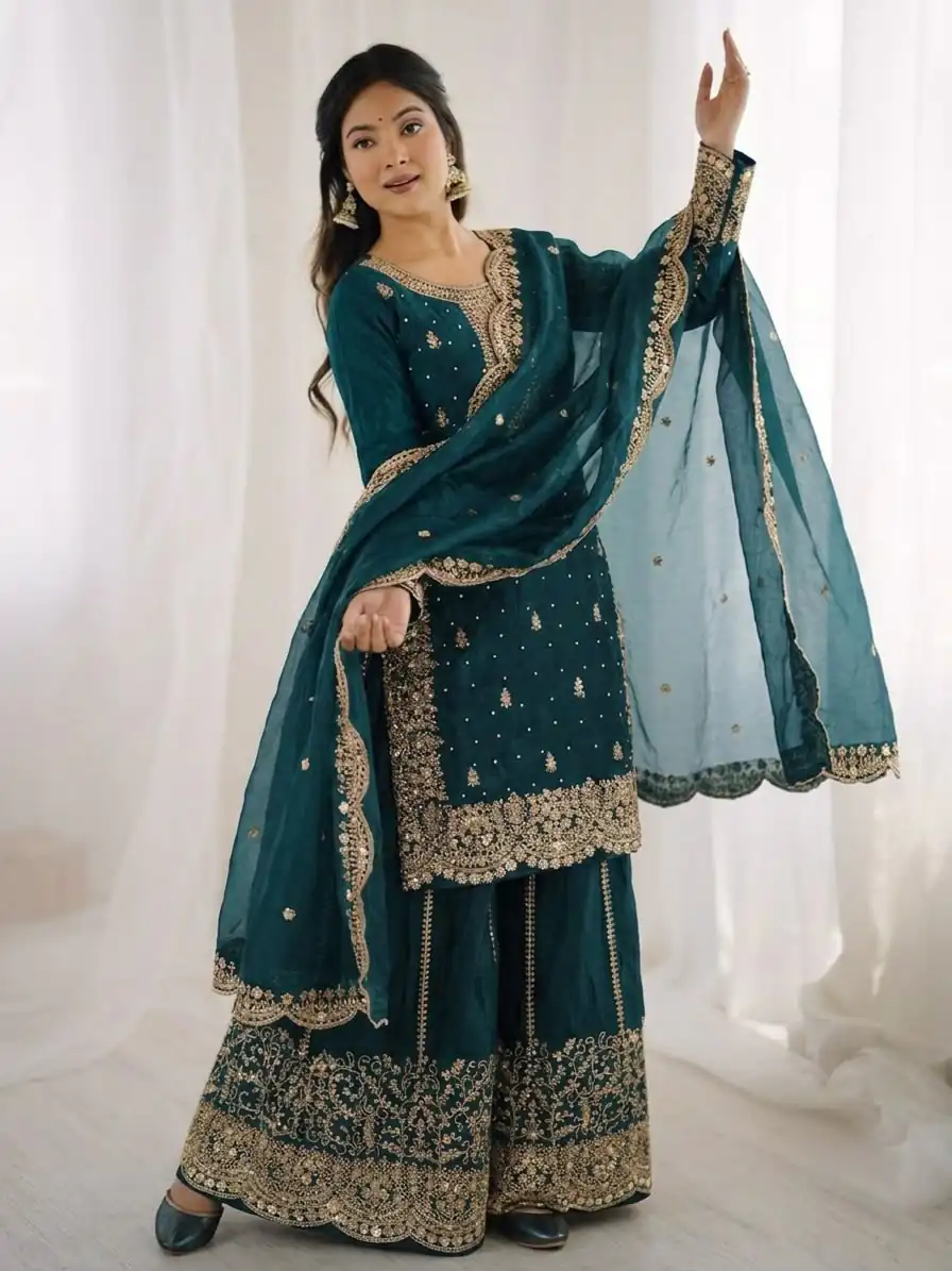 ZSR 3167 Teal Fendy Silk Salwar Suitwith Embroidery Work & Lace Work. Now at just ₹2149. Delivery 4-6 Working Days. Shop now. | Jump Suits, Salwar suit, Designer Suits, Casual Suits, Creative suits, Palazzo Suits, Party Wear Suits, Patiala Suits, Straight Suits