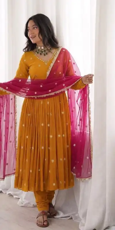 SRK 5313 Yellow in Faux Georgette Embroidery Work Salwar Suit . Available at ₹2099 only. Delivery 4-6 Working Days. Shop now. | Jump Suits, Salwar suit, Designer Suits, Casual Suits, Creative suits, Palazzo Suits, Party Wear Suits, Patiala Suits, Straight Suits