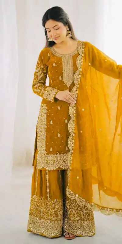 ZSR 3167 Yellow Fendy Silk Salwar Suitwith Embroidery Work & Lace Work. Now at just ₹2149. Delivery 4-6 Working Days. Shop now. | Jump Suits, Salwar suit, Designer Suits, Casual Suits, Creative suits, Palazzo Suits, Party Wear Suits, Patiala Suits, Straight Suits