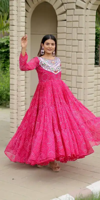 Ram 130 Pink in Colour Faux Georgette Bandhani Print Work Gown. Available at ₹1749 only. Delivery 4-6 Working Days. Shop now. | Gowns, Bollywood Gowns, Creative Gowns, Designer Gowns, Embroidered Gowns, Party Wear Gowns