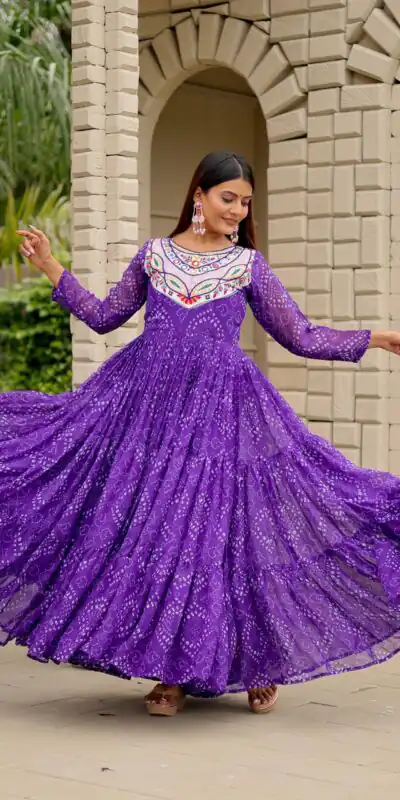 Ram 130 Purple in Colour Faux Georgette Bandhani Print Work Gown. Available at ₹1749 only. Delivery 4-6 Working Days. Shop now. | Gowns, Bollywood Gowns, Creative Gowns, Designer Gowns, Embroidered Gowns, Party Wear Gowns