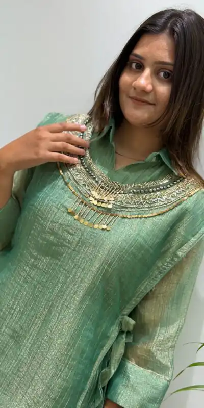 BE 484 Pista Colour | Brown Salsa Silk Kurti with Hand Work. Get it for ₹2199. Delivery 4-6 Working Days. Online Shop now. | Kurti, Bollywood Kurti, Creative Kurtis, Designer Kurti, Party Wear Kurti, Selfie Kurti