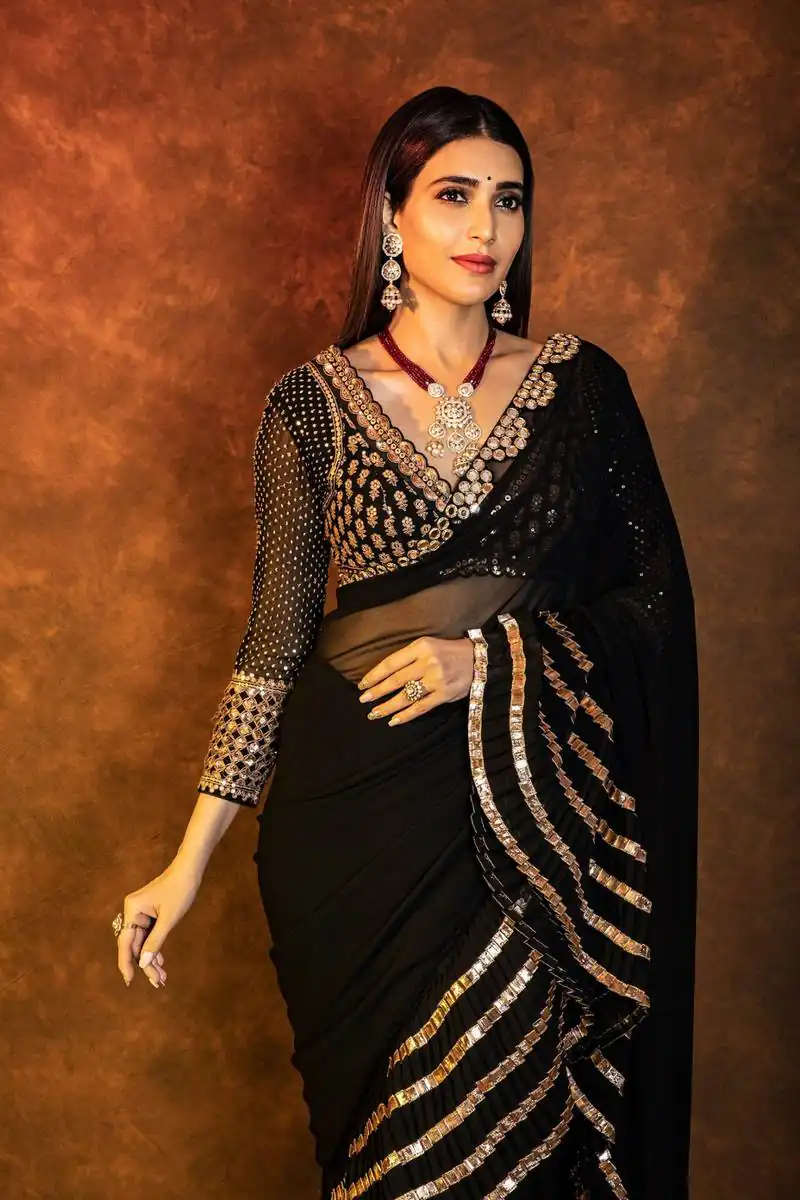 Fancy Black Faux Georgette Embroidery Work Saree - Image 2